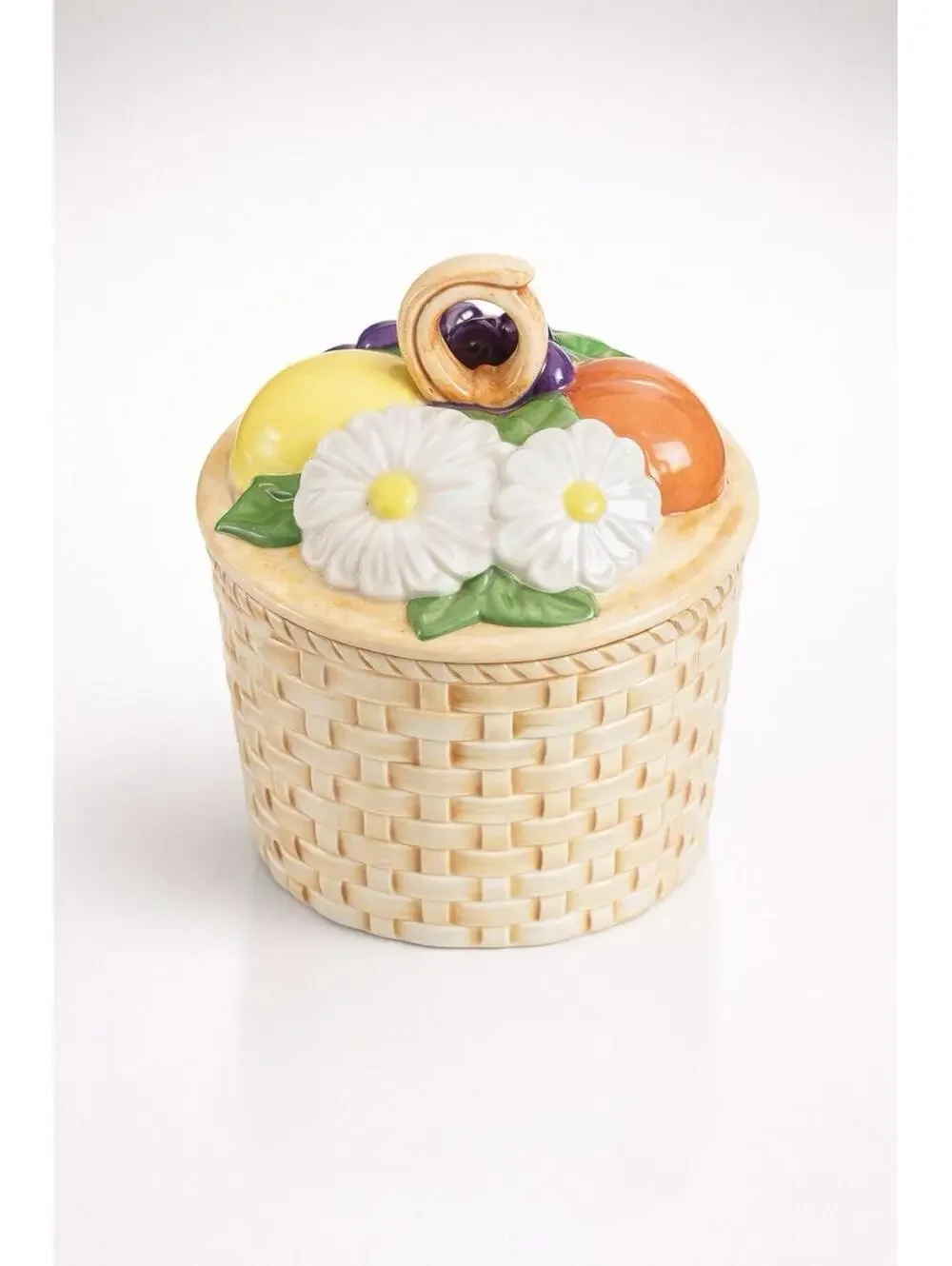 Vintage Ceramic Basket Weave Cookie Jar with Fruit and Flower Lid